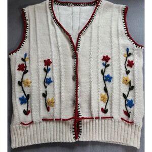 Vintage Hand Embroidered Womens Sweater Vest Sz S Floral Cottagecore Twee Folk